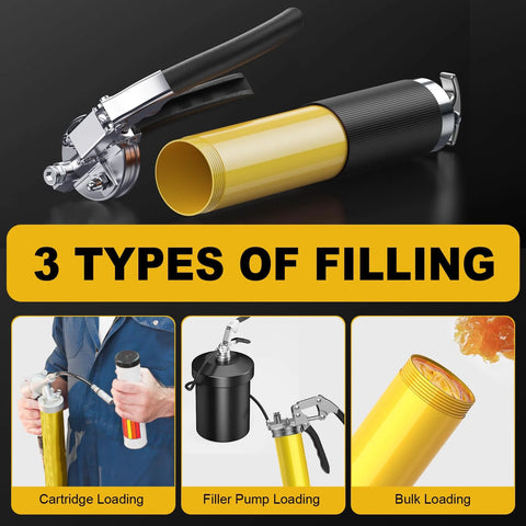 Fantictas grease gun kit, front view: pistol-grip 8000 PSI with lock coupler, 18-inch flex hose and yellow cartridge
