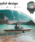 Man kayaking on lake with inflatable boat air pressure gauge inset, displaying digital readings for kayaks, paddle boards and surfboards.