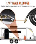 7 Foot RV Propane Hose With Quick Connect And 1 Quarter Inch Safety Shutoff Valve Plus 1 Quarter Inch Male Full Flow Plug Low Pressure Quick Disconnect Elbow Adapter For 17 And 22 Inch Blackstone Griddles Grill Ready Outdoor Setup, shown connected to RV line, close-up view