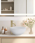 12 Inch Round Porcelain Vessel Sink With Pop Up Drain For Above Counter Vanity, Minimalist Modern White Basin on countertop