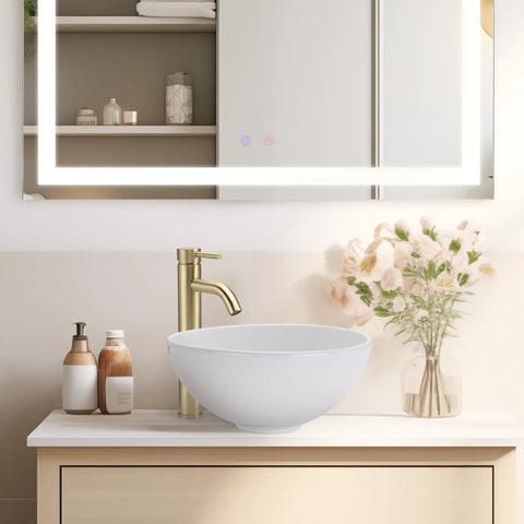 12 Inch Round Porcelain Vessel Sink With Pop Up Drain For Above Counter Vanity, Minimalist Modern White Basin on countertop