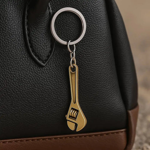 Adjustable Wrench Keychain For Women With Realistic Copper Color Mini Tool Charm hanging on black leather bag