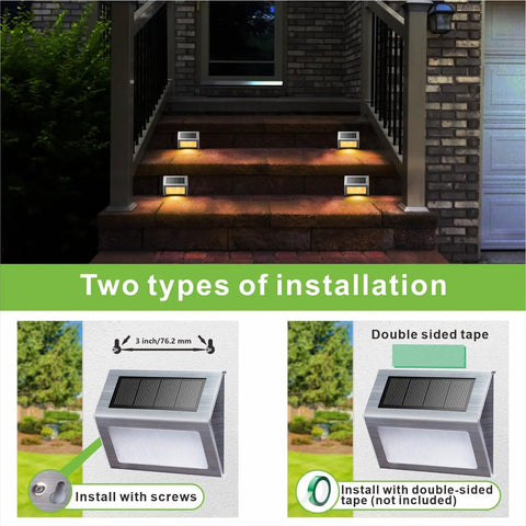 Outdoor stairs with Solar Step Lights For Decks Pathways Stairs And Yard Fences LED Outdoor Waterproof Warm White Glow No Fuss Install shown installed with screws and tape.