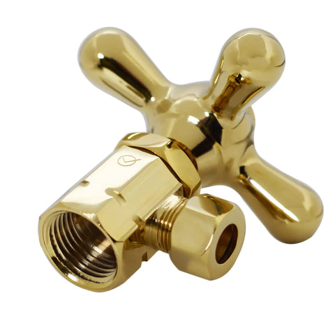 Cross Handle Compression Angle Stop Kit With Corrugated Riser Supply Line One Half Inch IPS Inlet To Three Eighth Inch OD Outlet Twenty Inch Length Polished Brass Includes Faucet And Toilet Cone Washers