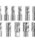 Twelve premium core bits for Heavy Duty Electric Magnetic Drill Press with sizes ranging from 12mm to 27mm, essential for steel boring.
