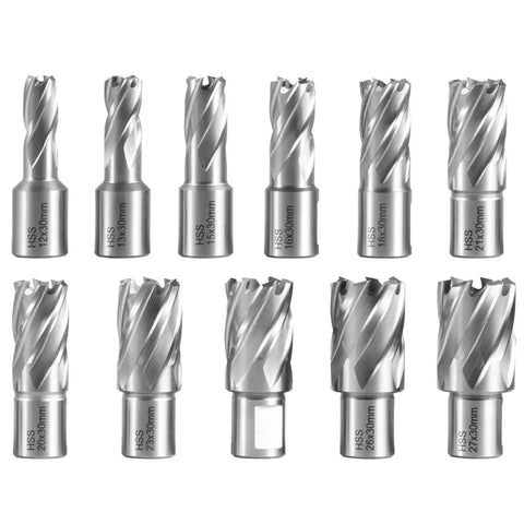 Twelve premium core bits for Heavy Duty Electric Magnetic Drill Press with sizes ranging from 12mm to 27mm, essential for steel boring.
