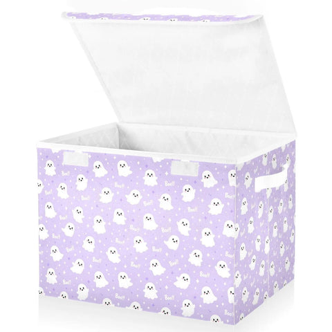 Smooth Folding Storage Bin With Grippy Handles And Snug Velcro Cover Collapsible Oxford Fabric Tote For Closets And Dorm Rooms with cute ghost design.