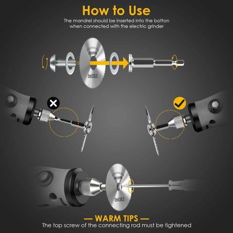 Kuenuilr cutting wheel set for drill, 6 HSS blades with 1/4 in hex shank (exploded view diagram)