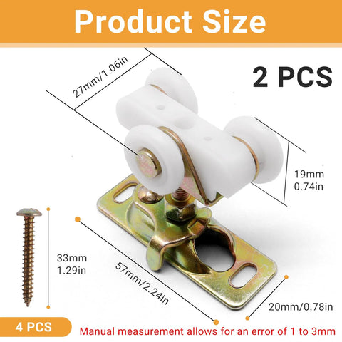 Pocket Door Roller Replacement Kit Three Quarter Inch Sliding Door Wheels With Top Hanger shown with size dimensions.