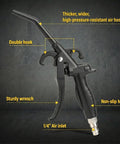 Heavy Duty High Flow Air Blow Gun With Angled Bent Nozzle Compressed Air Line showing sturdy design and ergonomic handle features.