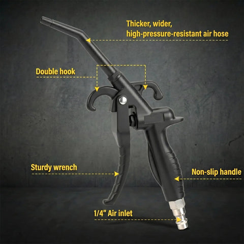 Heavy Duty High Flow Air Blow Gun With Angled Bent Nozzle Compressed Air Line showing sturdy design and ergonomic handle features.