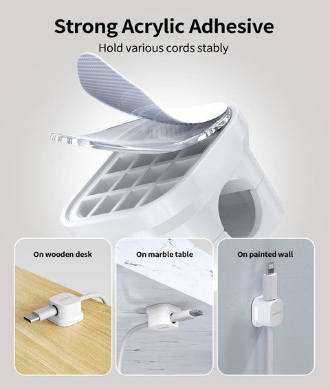 Magnetic Cable Clips Cord Organizer Set For Desk And Office, adhesive cable holder on wooden, marble, and painted surfaces.