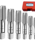 Six Piece NPT Pipe Tap Set For DIYers And Handy Pros Including One Inch, Three Quarters Inch, One Half Inch, Three Eighths Inch, One Quarter Inch, And One Eighth Inch Taps, Carbon Steel Hand Threading For Accurate Threads displayed with red case