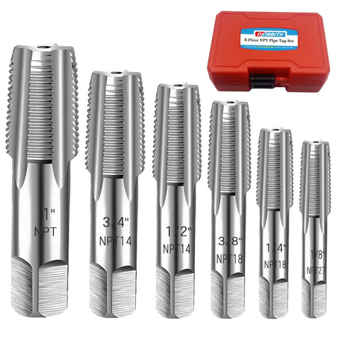 Six Piece NPT Pipe Tap Set For DIYers And Handy Pros Including One Inch, Three Quarters Inch, One Half Inch, Three Eighths Inch, One Quarter Inch, And One Eighth Inch Taps, Carbon Steel Hand Threading For Accurate Threads displayed with red case
