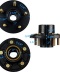 Trailer hub kit, 2,000 lb, black metal with BT8 1-inch spindle and bearings; front, side and rear views.