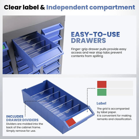 100 Drawer Nut And Bolt Organizer with Alloy Steel Frame and ABS Drawers, showcasing blue easy-to-use drawers with dividers