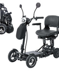 4-Wheel Foldable Electric Mobility Scooter For Adults And Seniors, All-Terrain Go-Anywhere Lightweight Ride, black model viewed from side and folded