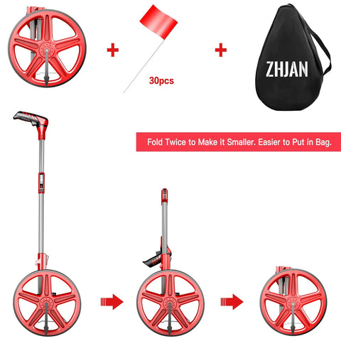 Distance Measuring Wheel With Marking Flags, 12 Inch Collapsible Design, Includes Tape Measure, Cloth Carrying Bag, Stand, And Red Flags