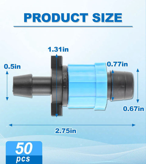 Fifty Piece Drip Irrigation Connector Kit For Five Eighth Inch Drip Tape Tubing dimensions shown with blue twist-lock fitting.