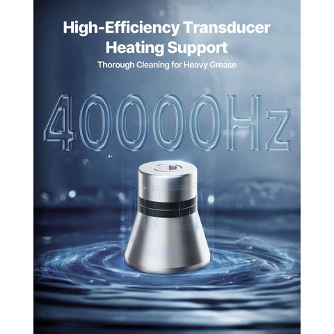 Heavy Duty 6 Liter Ultrasonic Cleaner With Digital Timer And Heater showing high-efficiency transducer in water with 40000Hz frequency.