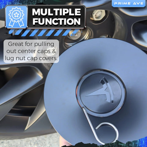 Three Piece Lug Nut Cap Cover And Center Cap Removal Tool Set With Stainless Steel Plastic ABS And Steel Pullers For Audi BMW Mercedes Mini Tesla VW Cars, tool and lug nut shown in use