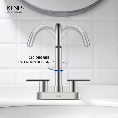 4 Inch 2 Handle Centerset Brushed Nickel Lead Free Bathroom Faucet With Pop Up Drain And Two Water Supply Lines Modern Commercial Style Easy Install Durable Must Have For Everyday Bathroom Use, showing 360 degree spout design.