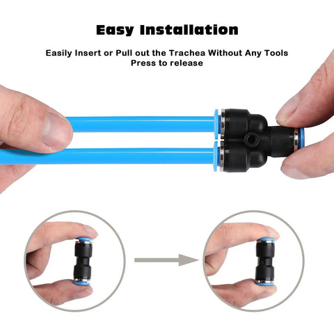 Pro Grade 1/2 Inch PU Air Hose Kit 60 Ft With 28 Piece Push To Connect Fittings in hands during installation