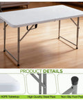 Portable 4Ft Folding Table With Fold-In-Half Design, Powder-Coated Steel Frame, Locking Joints, Non-Slip Feet, White, Indoor Use