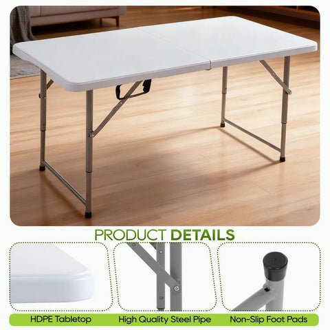 Portable 4Ft Folding Table With Fold-In-Half Design, Powder-Coated Steel Frame, Locking Joints, Non-Slip Feet, White, Indoor Use