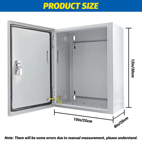 Heavy Duty NEMA 4X Steel Electrical Junction Box Waterproof Dustproof Wall Mounted Indoor Outdoor Enclosure With Lock And Mounting Plate dimensions showing interior size and structure.