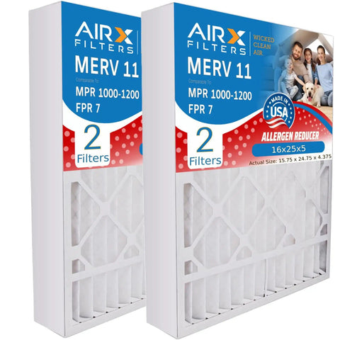 MERV 11 16x25x5 Air Filter Replacement For Lennox X6670, 2 Pack, shown in packaging with allergen reduction features.