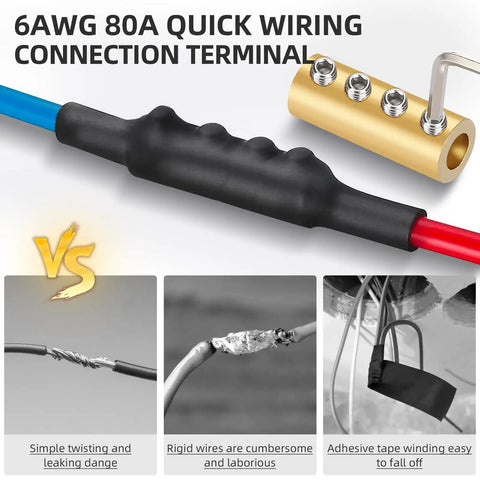 10 Pack 6-10 AWG Wire Connector Kit featuring 80 Amp quick wiring terminals, splice connectors, and wrench displayed.