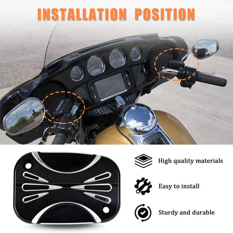 Clutch Master Cylinder Cover For Harley Touring And Glide Models, Ride Ready Front Brake Reservoir Cap shown on motorcycle