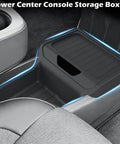 Tesla Model Y Juniper Standard Center Console Organizer Set With A Badass Wireless Charging Pad And Squared Away Cup Holder Insert To Deck Out Your Ride And Keep Your Daily Driver Strictly Tight, showing a lower center console storage box.