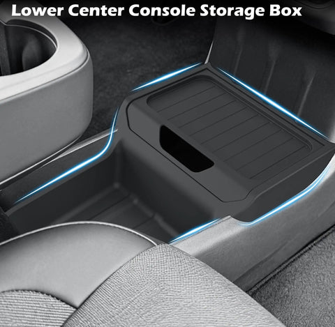Tesla Model Y Juniper Standard Center Console Organizer Set With A Badass Wireless Charging Pad And Squared Away Cup Holder Insert To Deck Out Your Ride And Keep Your Daily Driver Strictly Tight, showing a lower center console storage box.