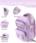 Purple girls rolling backpack for school, multiple compartments view, durable lightweight polyester, trolley bag, reinforced straps