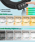 12X Magnifying Glass With Light And Stand showing color modes and dimming brightness levels for detailed crafting.