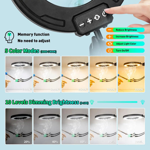 Pro Grade 12X 30X Magnifying Glass With Light And Clamp showing LED lighting modes and dimming options.