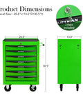 Heavy Duty Rolling Tool Chest With Lockable Parking Brakes And Butter Smooth Ball Bearing Slides 21 Inch Freestanding Storage Cabinet In Bright Green For Garage Or Shop dimensions displayed with seven drawers and key lock.