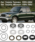 16 Piece Rear Axle Bearing And Seal Kit For Toyota Tacoma 1995 Through 2004 And 4Runner 1996 Through 2002 Replacement Part Numbers 90520 36045 42423 20010 90363 40020 Built To Last Beefed Up Heavy Duty Truck Axle Repair Kit displayed with truck in background