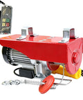 DowPie Wire Rope Hoist Gets You Major Lifting Power With Dual Controllers And Emergency Stop Switch For Safe Factory Work Or Home Builds At 65ft Height Ready To Roll. Red electric hoist with dual controllers, auto brake, and safety hook.