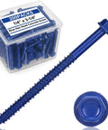 200 Piece Blue Hex Concrete Screw Anchors 1/4 X 3-1/4 Inch PTFE Carbon Steel Masonry Bolts in clear box with one screw.