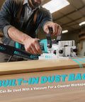 Person using Cordless Biscuit Joiner Compatible With Makita 18V Batteries Plate Joiner Kit on wood surface, built-in dust bag visible