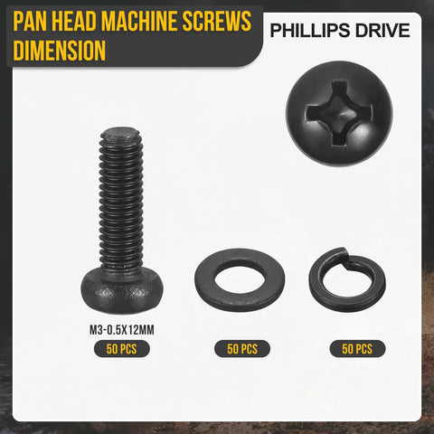 Pan Head M3 0.5x12 Machine Screws Assortment Kit 150 Pc With Washers Carbon Steel Phillips Bolts Black Finish For Machinery DIY Projects