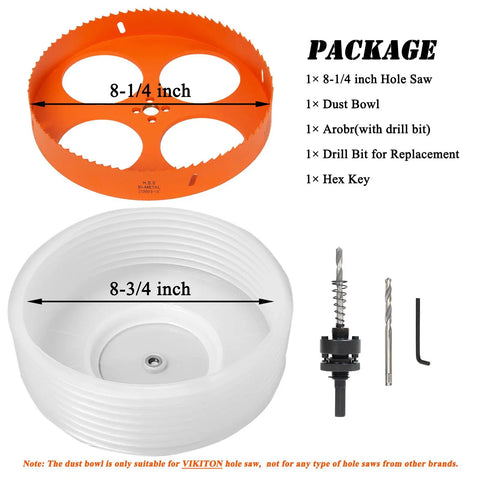 8.25 Inch Hole Saw Kit For Recessed Lights With Dust Bowl Catcher, arbors, drill bit, hex key, and bi-metal teeth