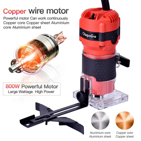 800W Palm Router Tool For Woodworking Compact Hand Trimmer Router With 12 Piece One Quarter Inch Bit Set and copper wire motor
