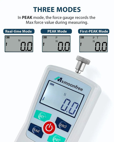 Go To Portable 500N Digital Force Gauge Push Pull Tester With Case, Four Measurement Units N Lb Kg Oz, Max Load 500N 50kg 110lb 1800oz, Accuracy About One Percent, Battery Powered With Two AAA, Three Measurement Modes, handheld display