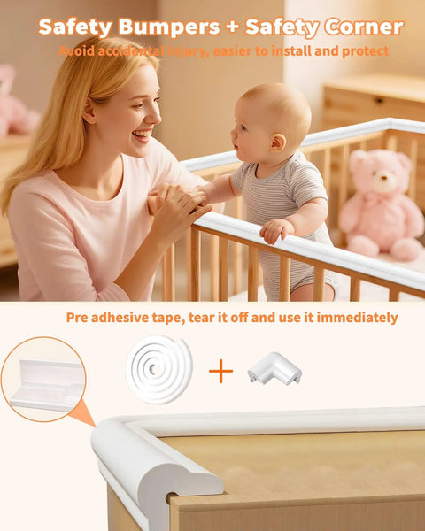 Heavy Duty Baby Corner Guards And Edge Protectors With No Fuss Peel And Stick Prep For Tot Approved Spaces Plus Extra Thick Rubber Foam Air Cushion Side Bumpers For Running Kids, showing installation on a crib.