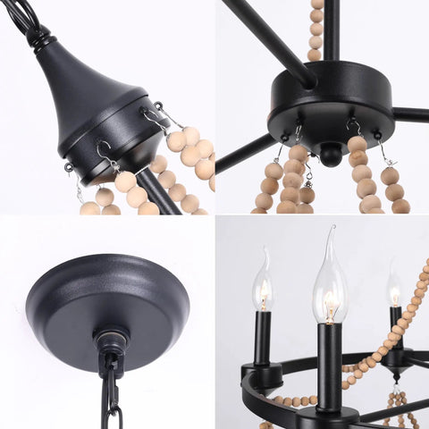 Details of Natural Boho 28 Inch Chandelier With Wooden Bead Tassels And Rust Iron Black Wagon Wheel Frame, showing lights and frame.