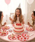 Totally Dope Pink Plaid Strawberry Print Disposable Paper Plates 60 Pack With 9 And 7 Inch Sizes at a birthday party with cake.